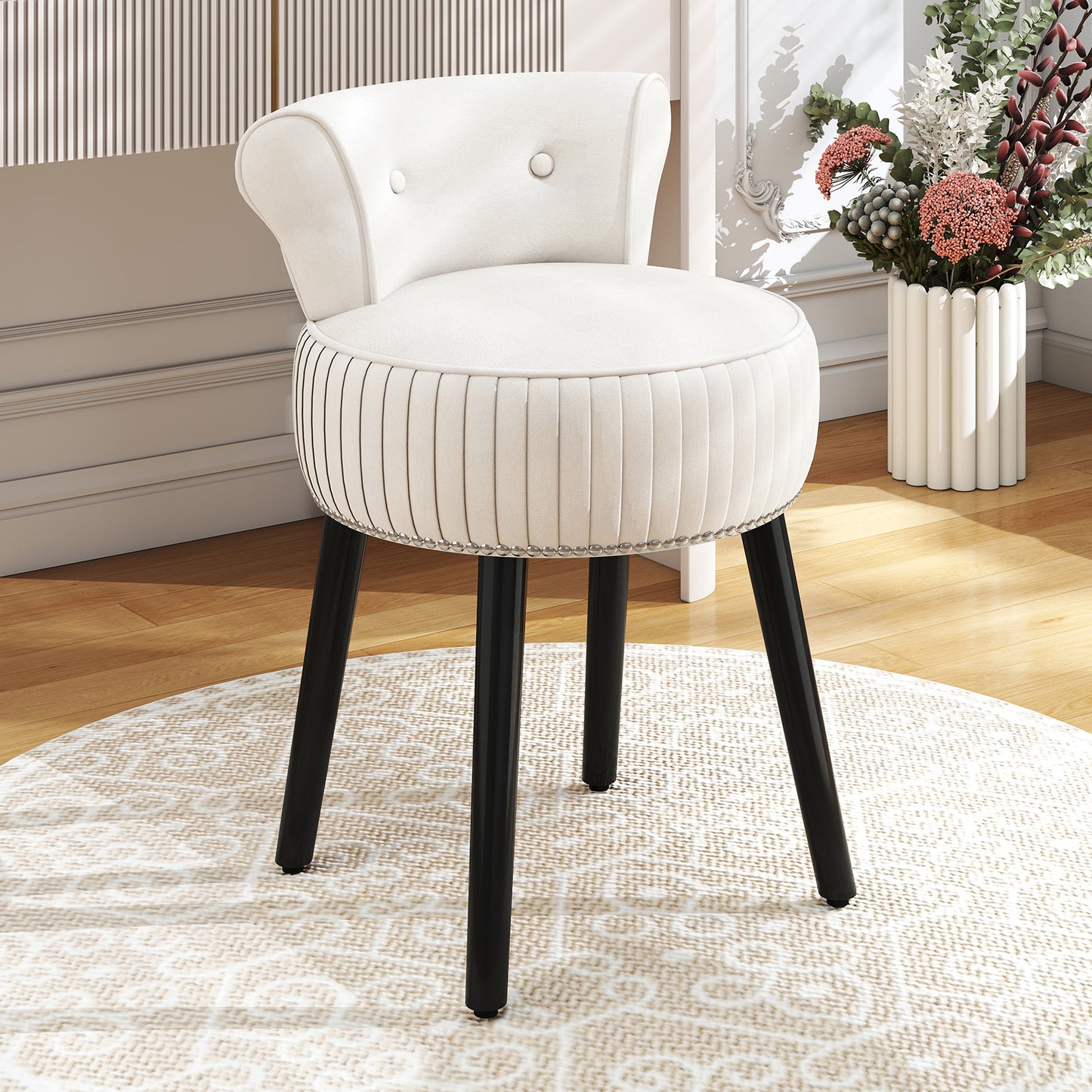 Velvet Vanity Chair with Tufted Low Back and Solid Wood Legs-Blue