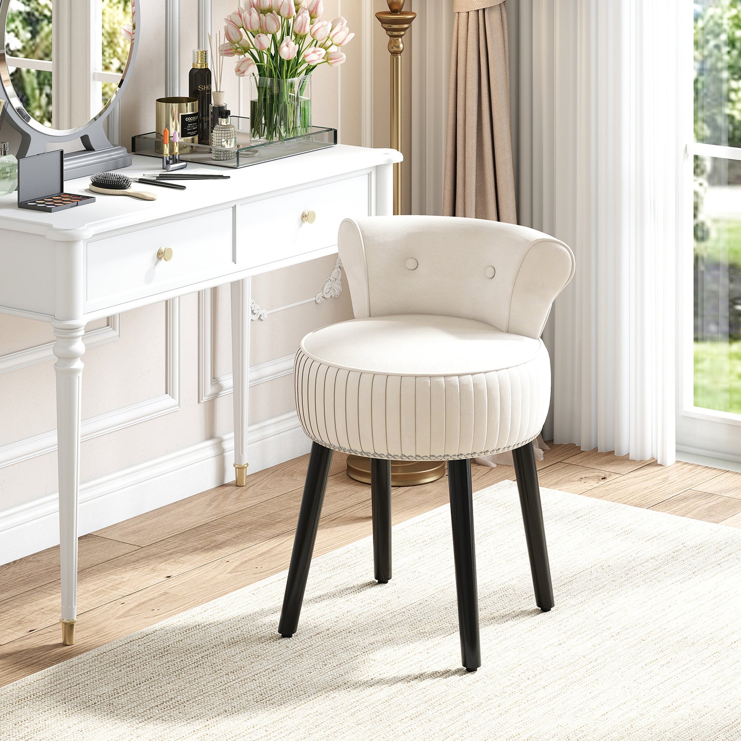 Velvet Vanity Chair with Tufted Low Back and Solid Wood Legs-Blue