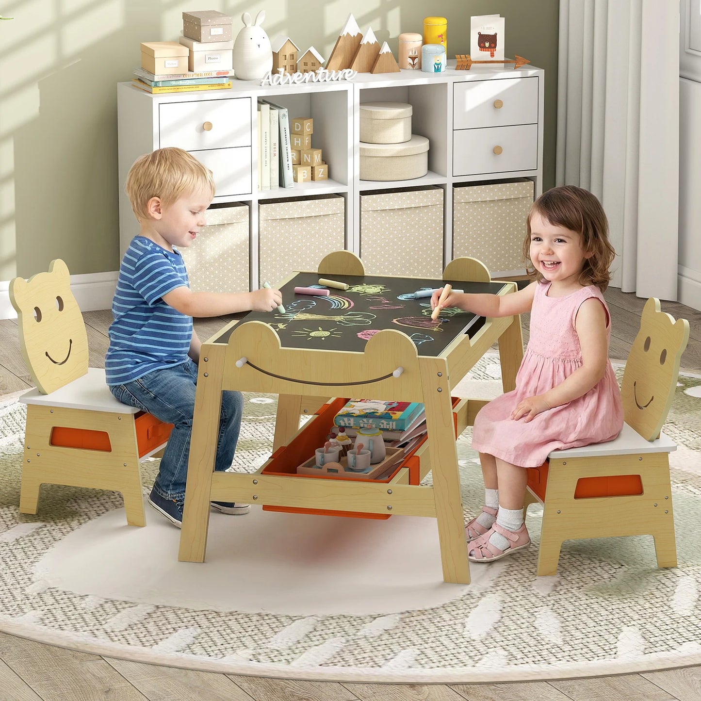 Versatile Kids Table and 2 Chairs Set Wooden Activity Table with Detachable Double-sized Tabletop for boys and girls-Grey