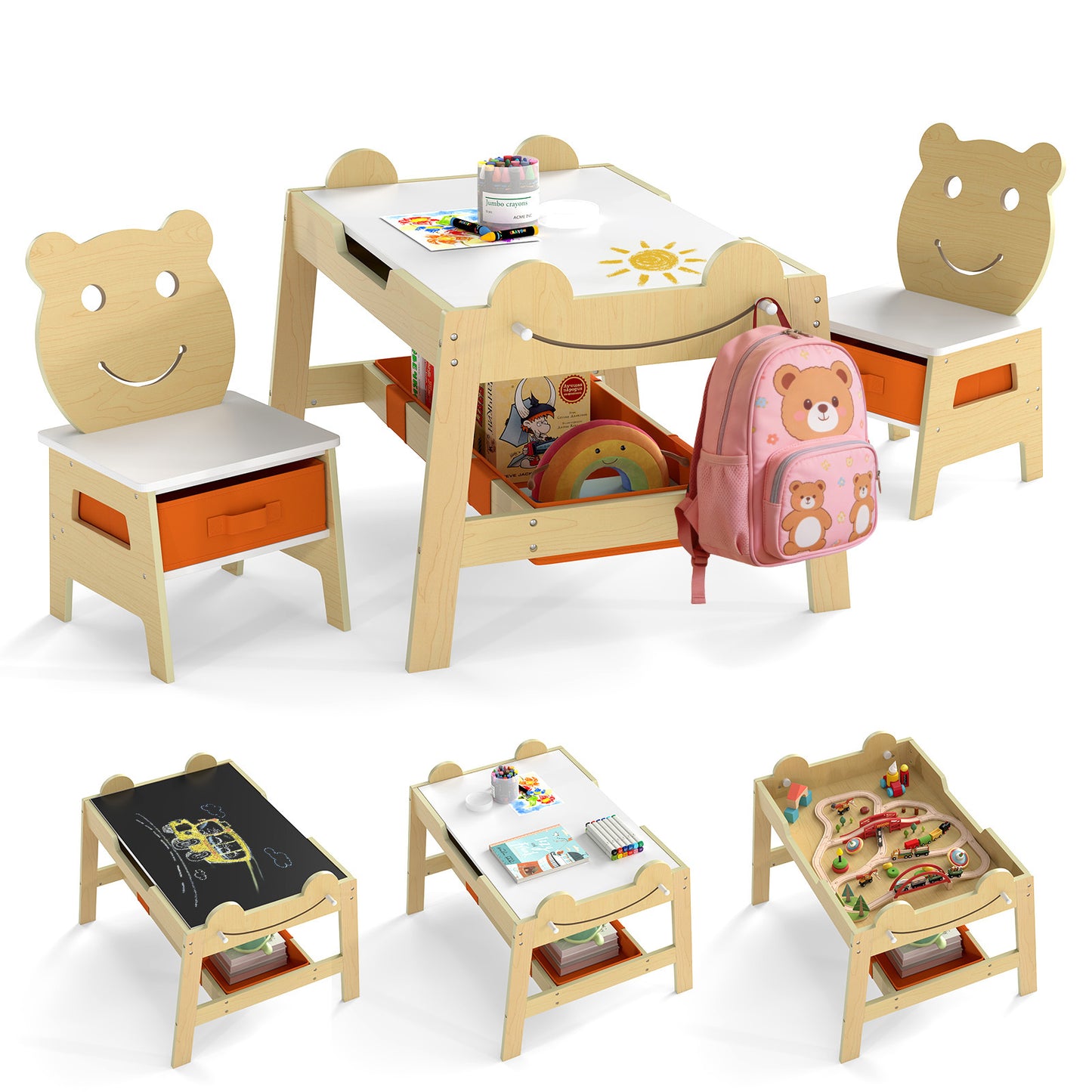Versatile Kids Table and 2 Chairs Set Wooden Activity Table with Detachable Double-sized Tabletop for boys and girls-Grey