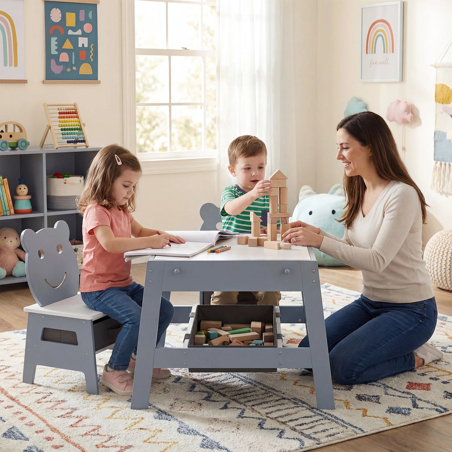 Versatile Kids Table and 2 Chairs Set with Detachable Double-sized Tabletop-Grey