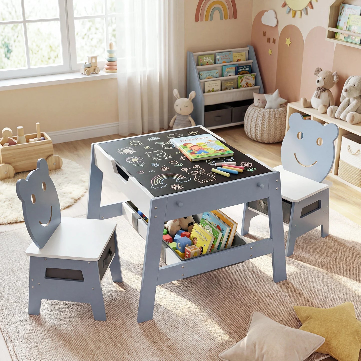 Versatile Kids Table and 2 Chairs Set with Detachable Double-sized Tabletop-Grey