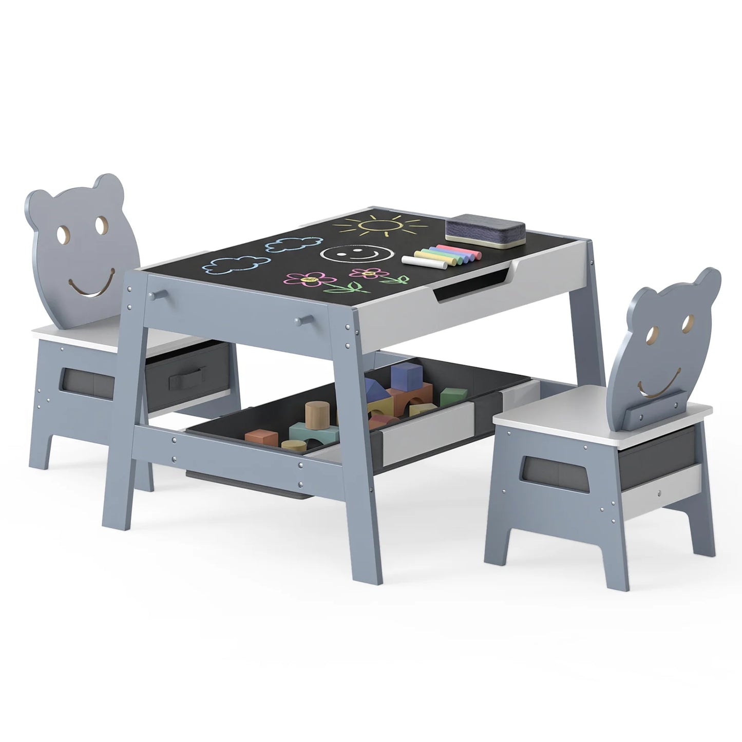 Versatile Kids Table and 2 Chairs Set with Detachable Double-sized Tabletop-Grey