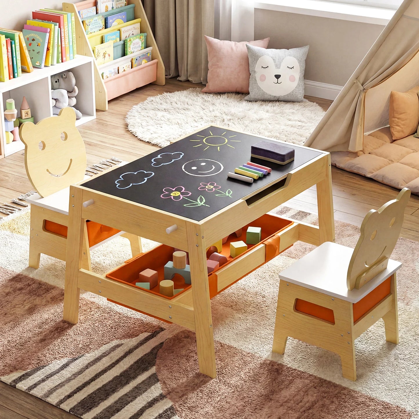 Versatile Kids Table and 2 Chairs Set with Detachable Double-sized Tabletop-Grey