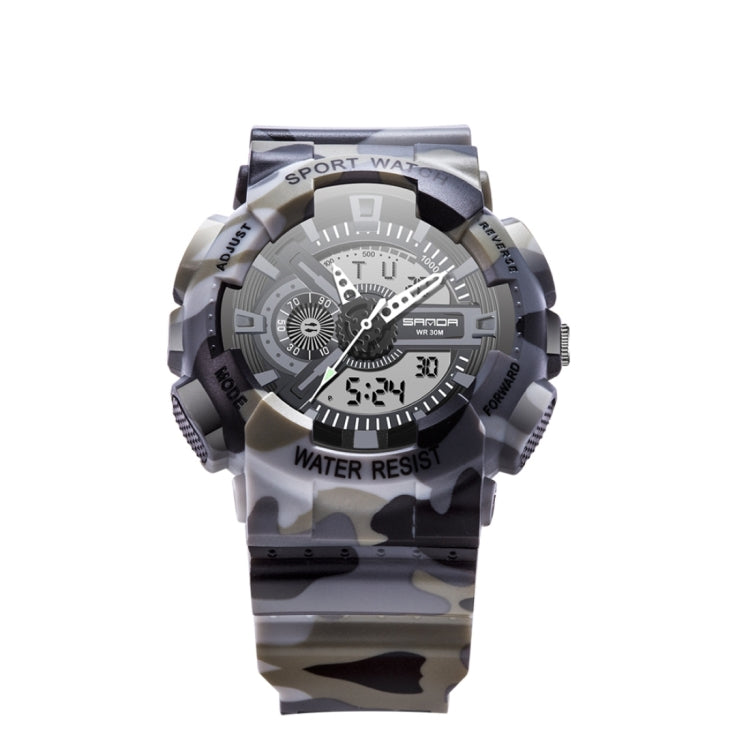 SANDA 5318 LED Luminous Display & Stopwatch & Alarm & Date and Week Function Men Quartz + Digital Dual Movement Watch with Plastic Band (Camouflage Yellow)