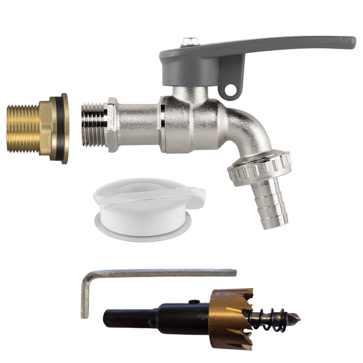 Water Butt Brass Kit 3/4" with Lever Tap Hose Barb and Side Lock and Drill Bit
