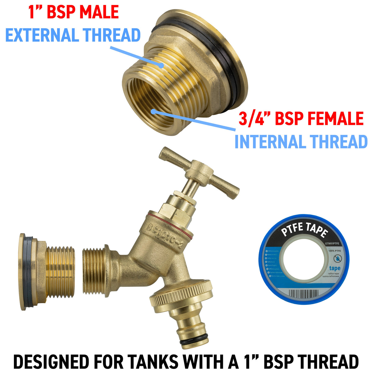 Water Butt Brass Kit 1" with Brass Quick Connect Tap