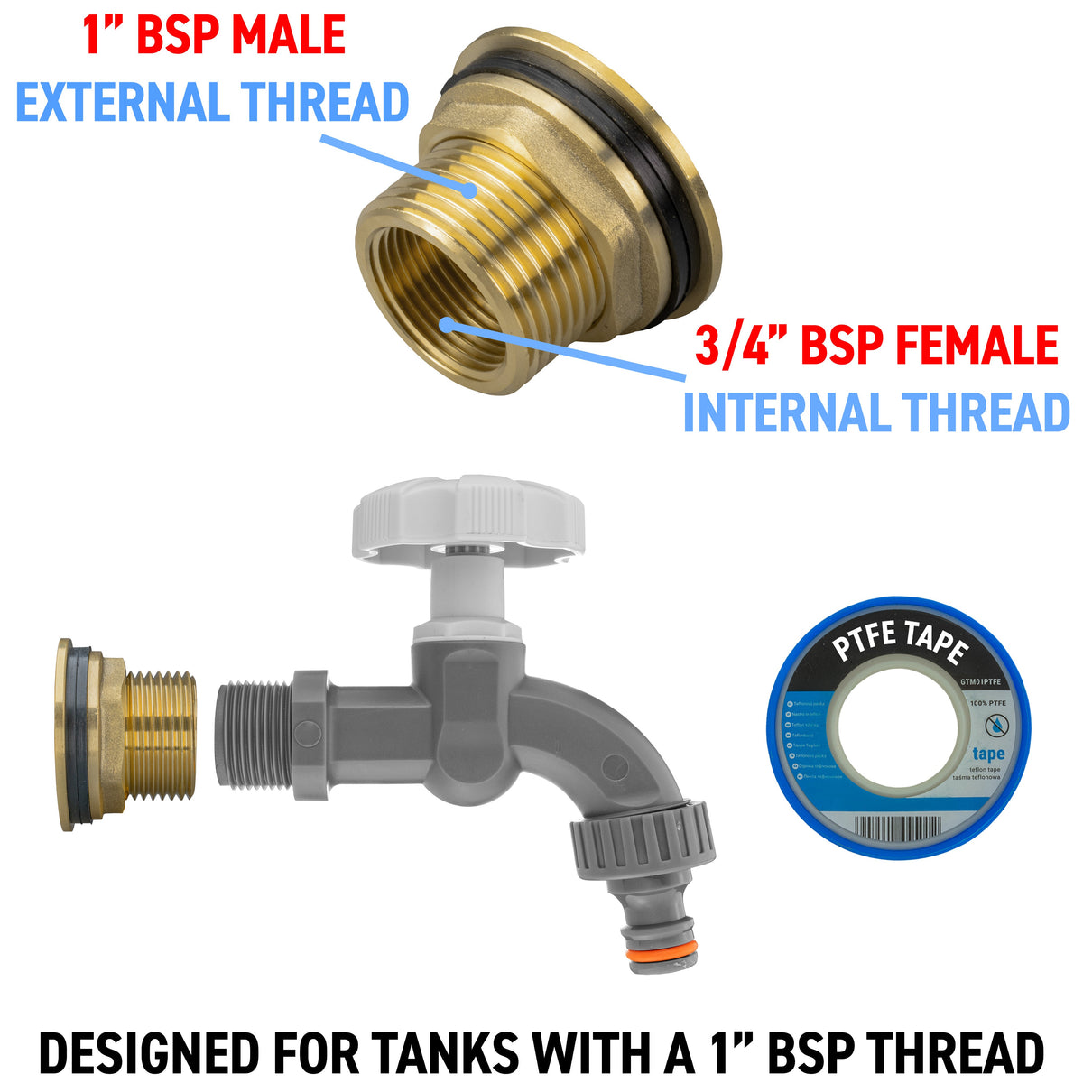 Water Butt Brass Kit 1" with Grey Dial Tap