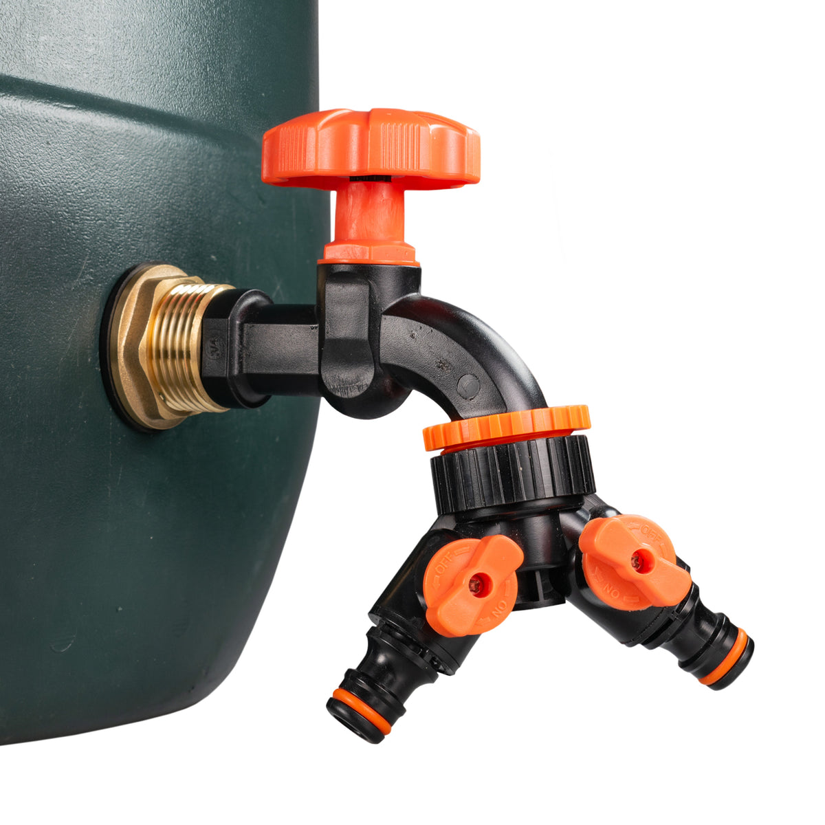 Water Butt Brass Kit 1" with Black Dial Tap + Two-Way Splitter