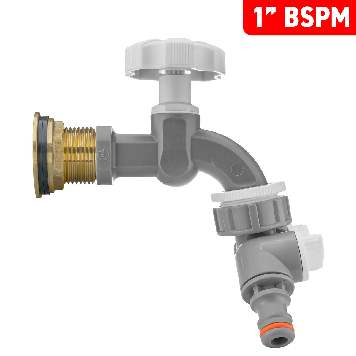 Water Butt Brass Kit 1" with Grey Dial Tap + Two-Way Splitter