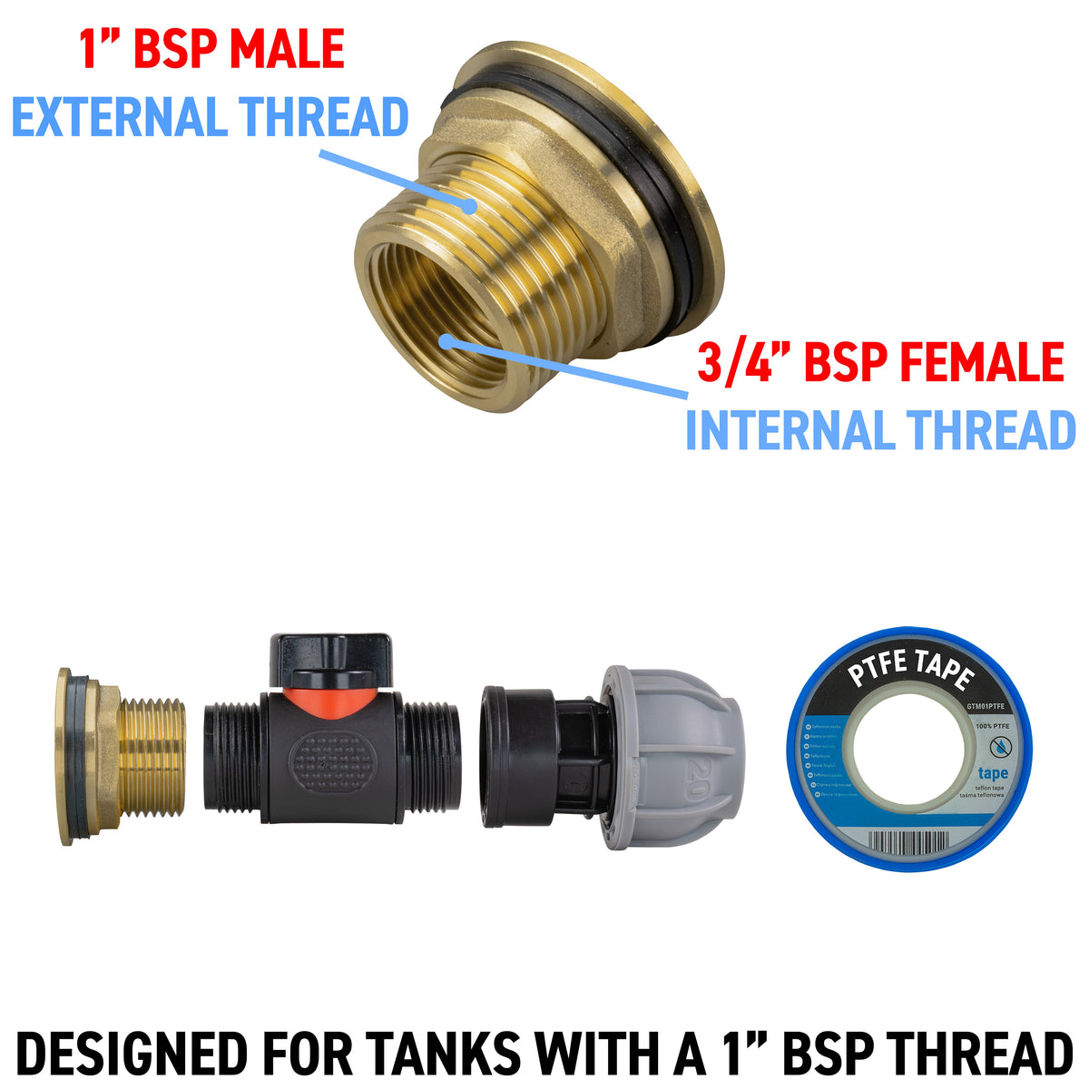 Water Butt Brass Kit 1" with In-Line Valve + 20mm MDPE