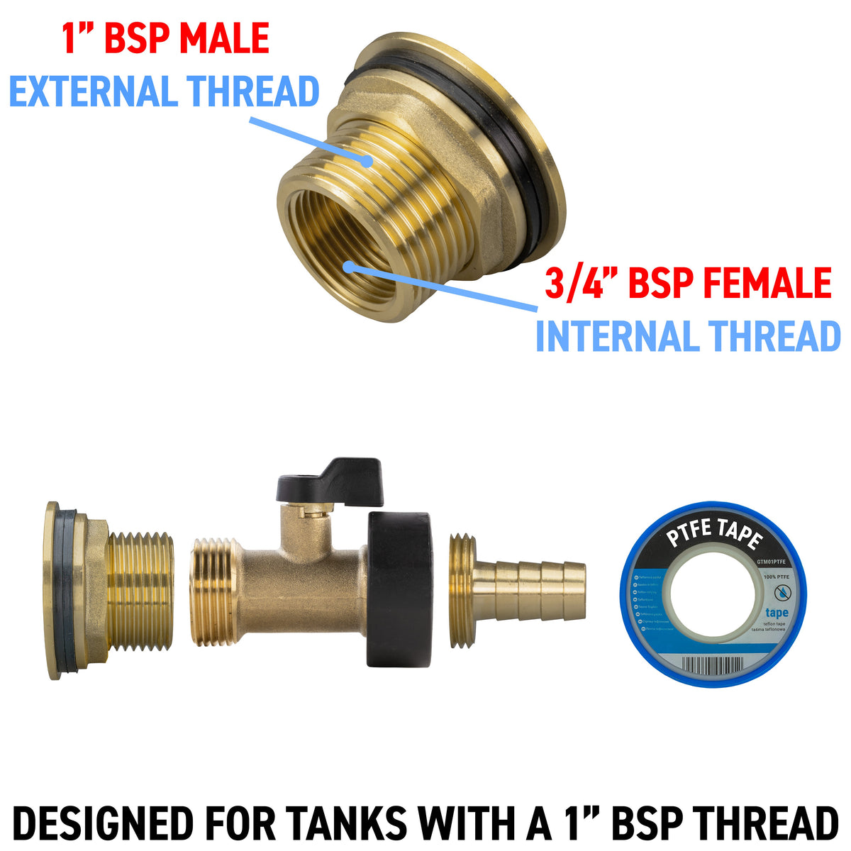 Water Butt Brass Kit 1" with Brass Valve + 13mm Barb