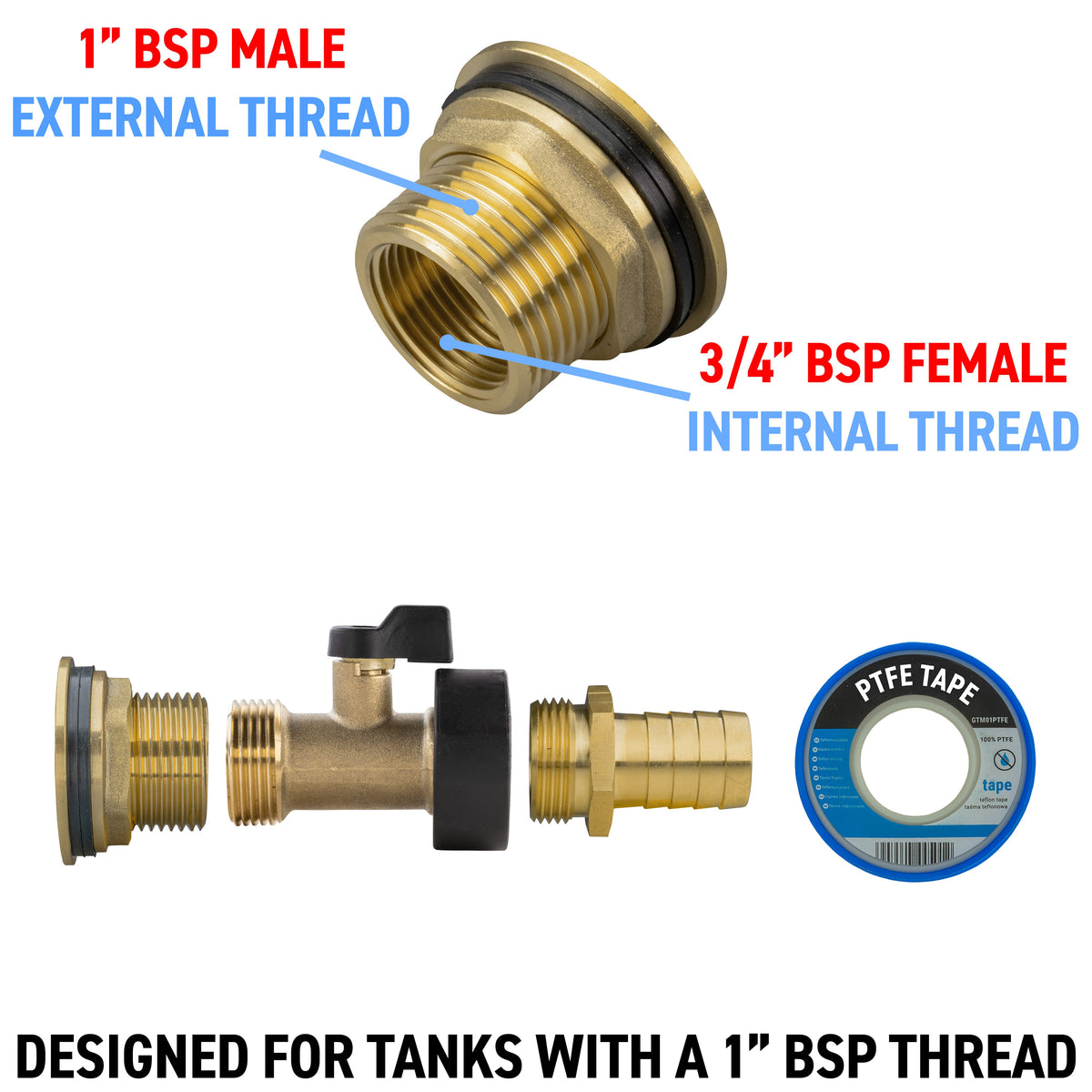 Water Butt Brass Kit 1" with Brass Valve + 19mm Barb