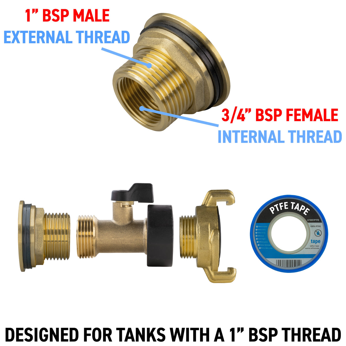 Water Butt Brass Kit 1" with Brass Valve + Geka