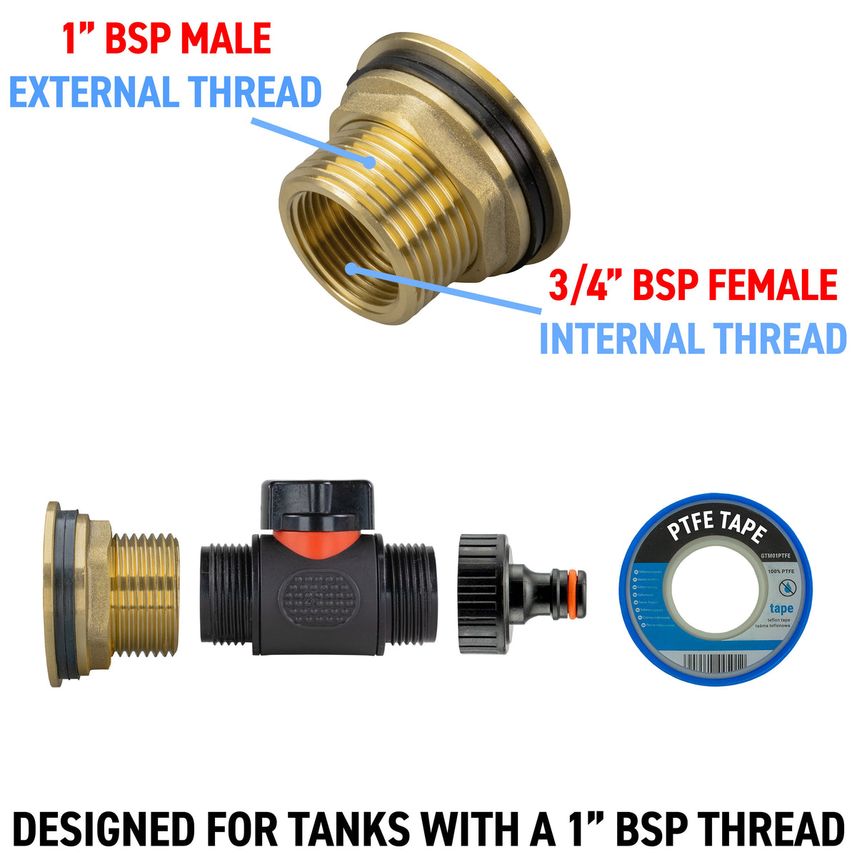Water Butt Brass Kit 1" with In-Line Valve + Quick Connect
