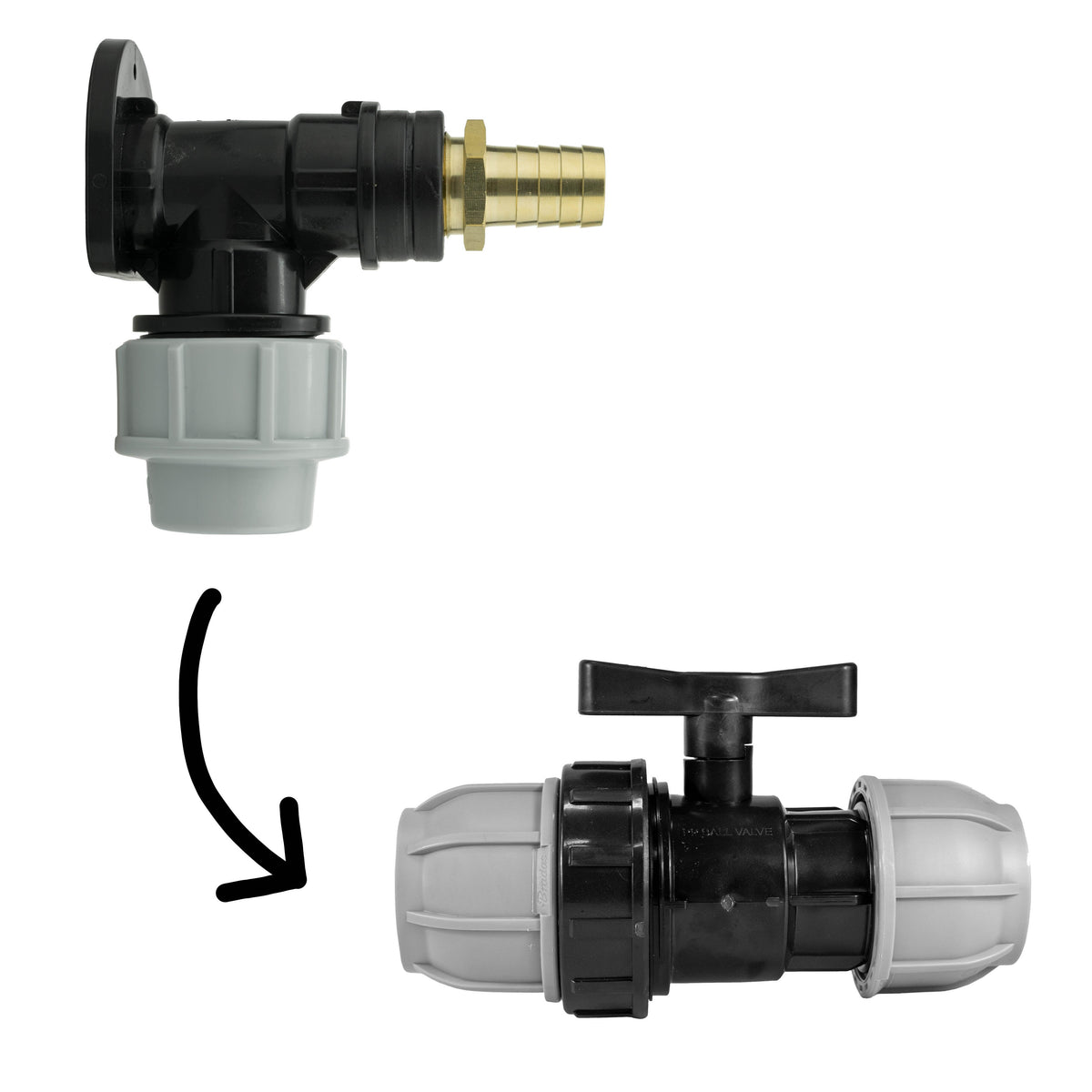 Wall Flange Kit 32mm MDPE + 32mm MDPE Valve + 19mm Brass Barb