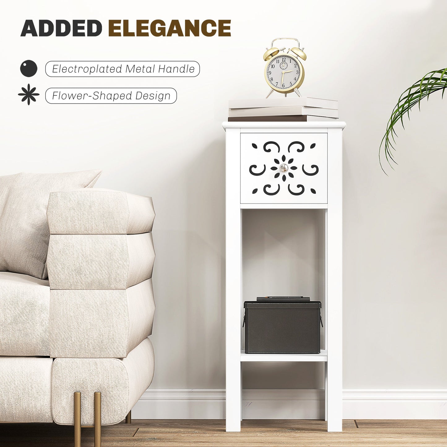 HOMCOM Bedside Table Set, End Table Set with Drawer and Storage Shelf, White