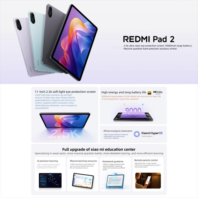 REDMI Pad 2 11 inch Tablet PC, 8GB+256GB, HyperOS 2, MediaTek G100-Ultra Octa Core CPU, 8GB+256GB