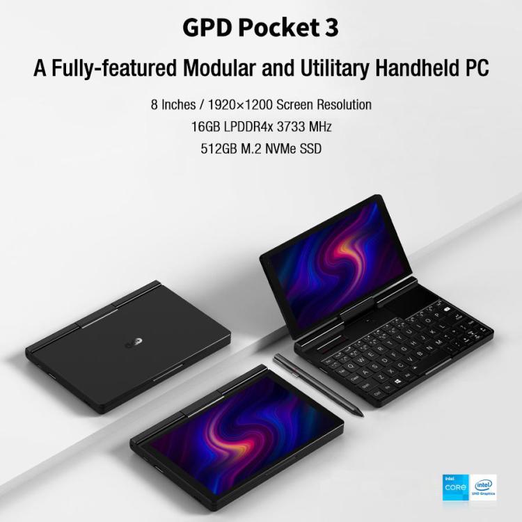 GPD Pocket 3 Handheld PC, 16GB+512GB, 8 inch Windows 11 Home Intel Pentium Gold 7505, UK Plug