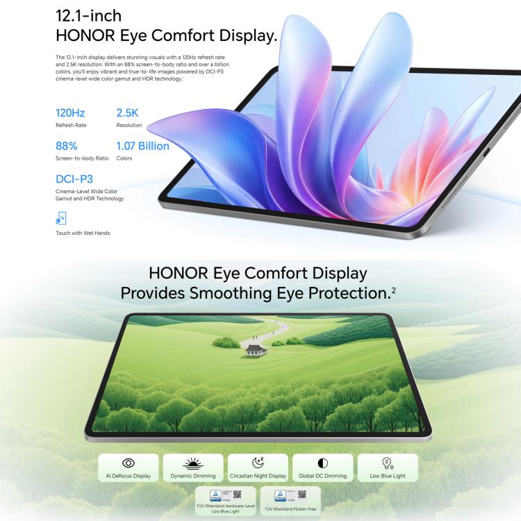 Honor Pad 10 WiFi Tablet PC, 12.1 inch 8GB+256GB MagicOS 9.0 Qualcomm Snapdragon 7 Gen3 Octa Core, 8GB+256GB