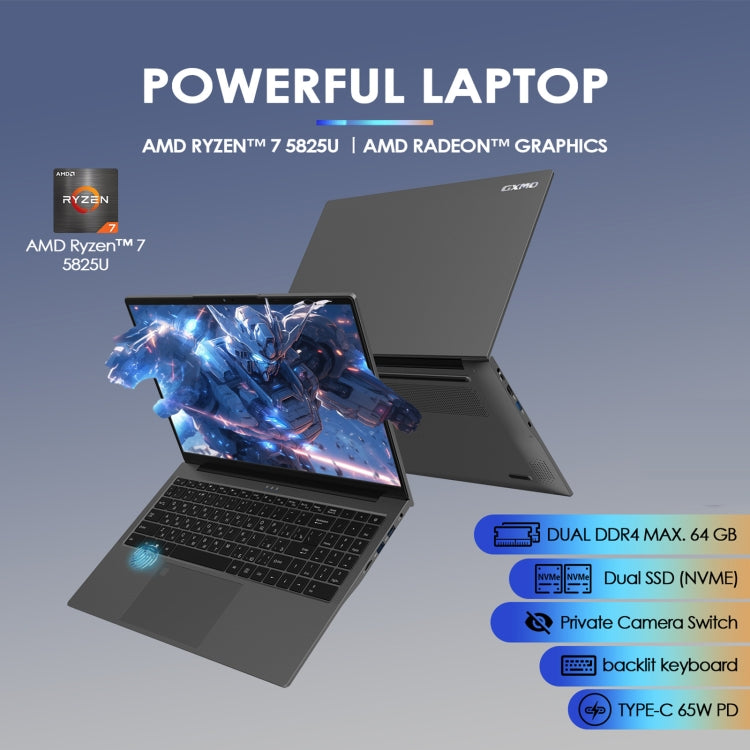 GXMO G156 15.6 inch Laptop, 32GB+1TB, Windows 11 AMD Ryzen 7 5825U Octa Core, Support Fingerprint Unlock, UK Plug
