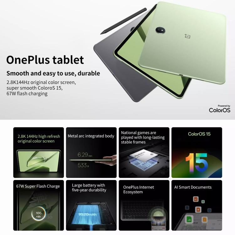 OnePlus Pad 11.61 inch Tablet PC, 8GB+256GB, ColorOS 15.0 Dimensity 8350 Octa Core (Grey)