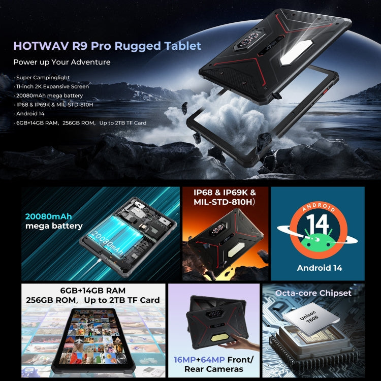 [HK Warehouse] HOTWAV Tab R9 Pro IP68/IP69K Rugged Tablet, 6GB+256GB, 11 inch Android 14 Unisoc T606 Octa Core 4G Network, Global Version with Google Play, EU Plug (Black Red)