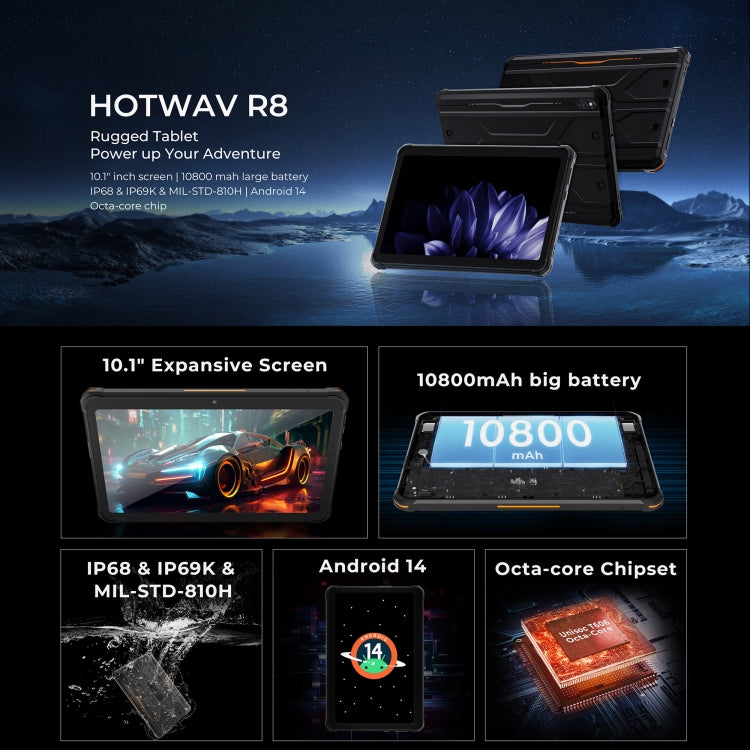 [HK Warehouse] HOTWAV Tab R8 IP68/IP69K Rugged Tablet, 4GB+128GB, 10.1 inch Android 14 Unisoc T606 Octa Core 4G Network, Global Version with Google Play, EU Plug (Black Grey)