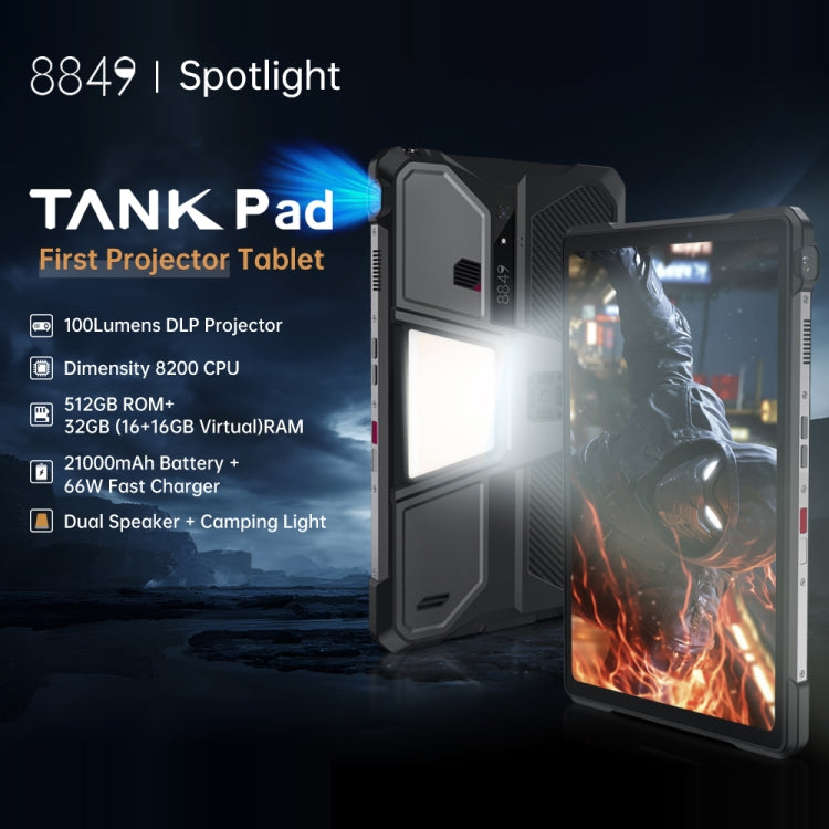 [HK Warehouse] Unihertz 8849 Tank Pad Rugged Tablet PC & Projector, 16GB+512GB, 10.95 inch Android 14 Dimensity 8200 Octa Core 5G Network, EU Plug (Black)