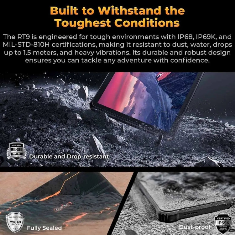 [HK Warehouse] OUKITEL RT9 4G Network IP68/IP69K Rugged Tablet, 6GB+256GB, 10.1 inch Android 14 Unisoc T606 Octa-Core Support Dual SIM, EU Plug (Black)