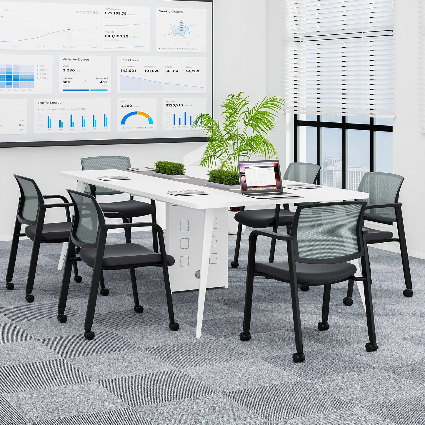 Waiting Room Chairs Set of 4 with Armrests and Wheels-Grey