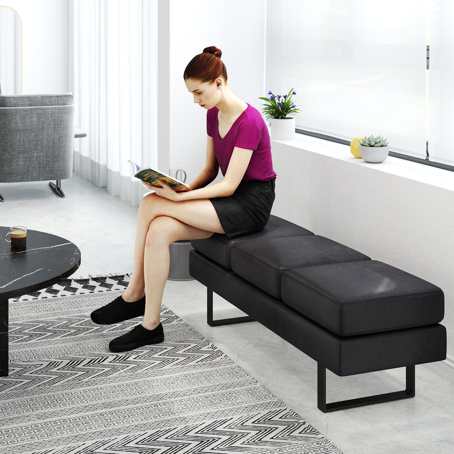 Waiting Room Bench Seating with 3 Seats and Metal Frame Leg-Grey