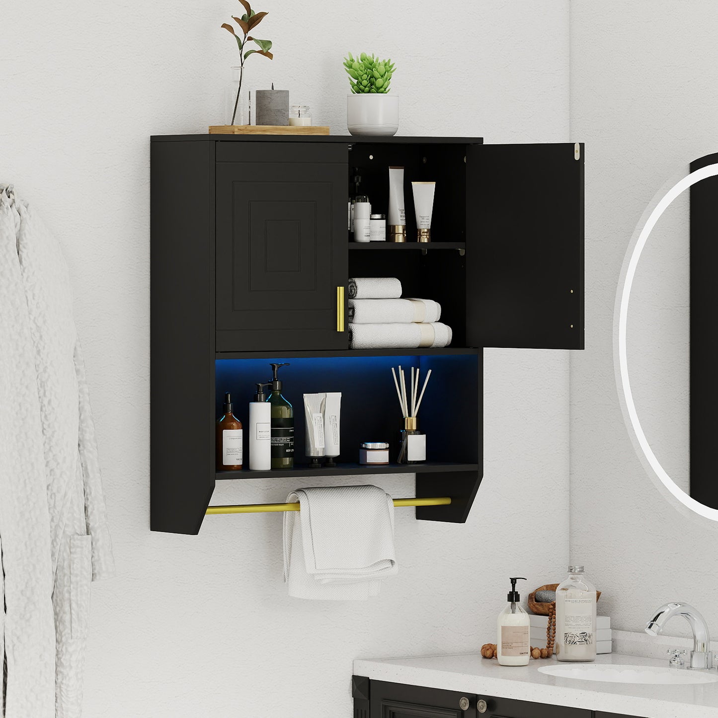 Wall Mounted Bathroom Cabinet Over the Toilet Storage Cabinet with 3-Color Lights-Grey