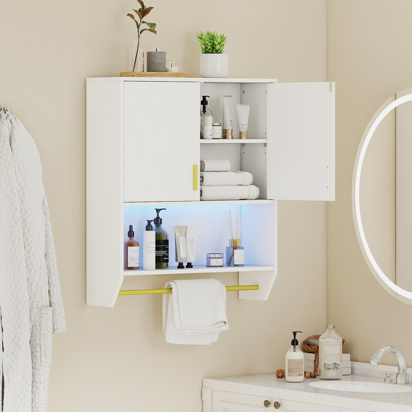 Wall Mounted Bathroom Cabinet Over the Toilet Storage Cabinet with 3-Color Lights-Grey