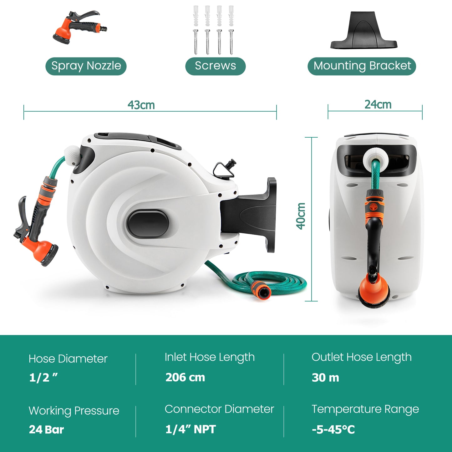 15+1M and 20+2M Wall Mounted Hose Reel Retractable Auto Rewind Watering-15+1M