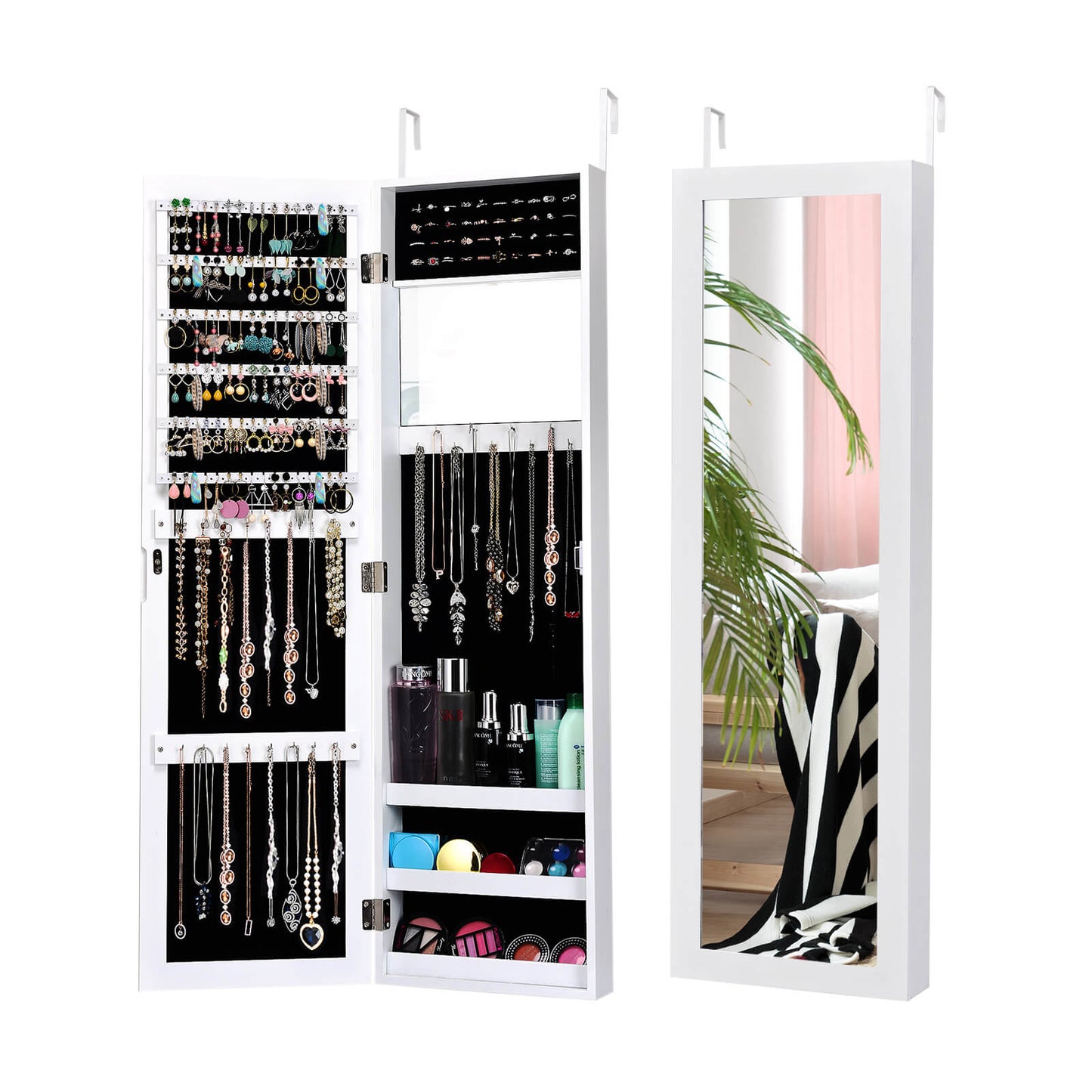 Wall Mounted Jewelry Armoire with Built-in Mirror and 3 Shelves -Black