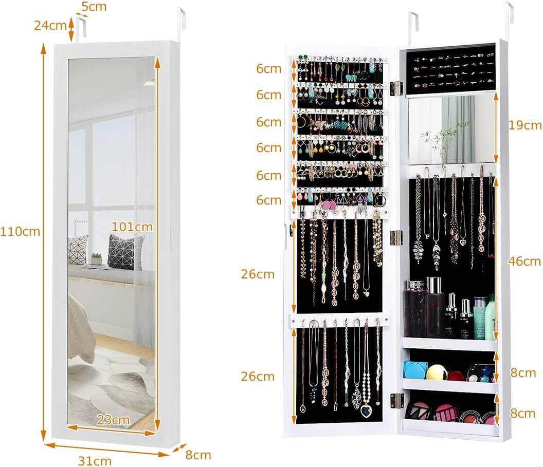 Wall Mounted Jewelry Armoire with Built-in Mirror and 3 Shelves -Black