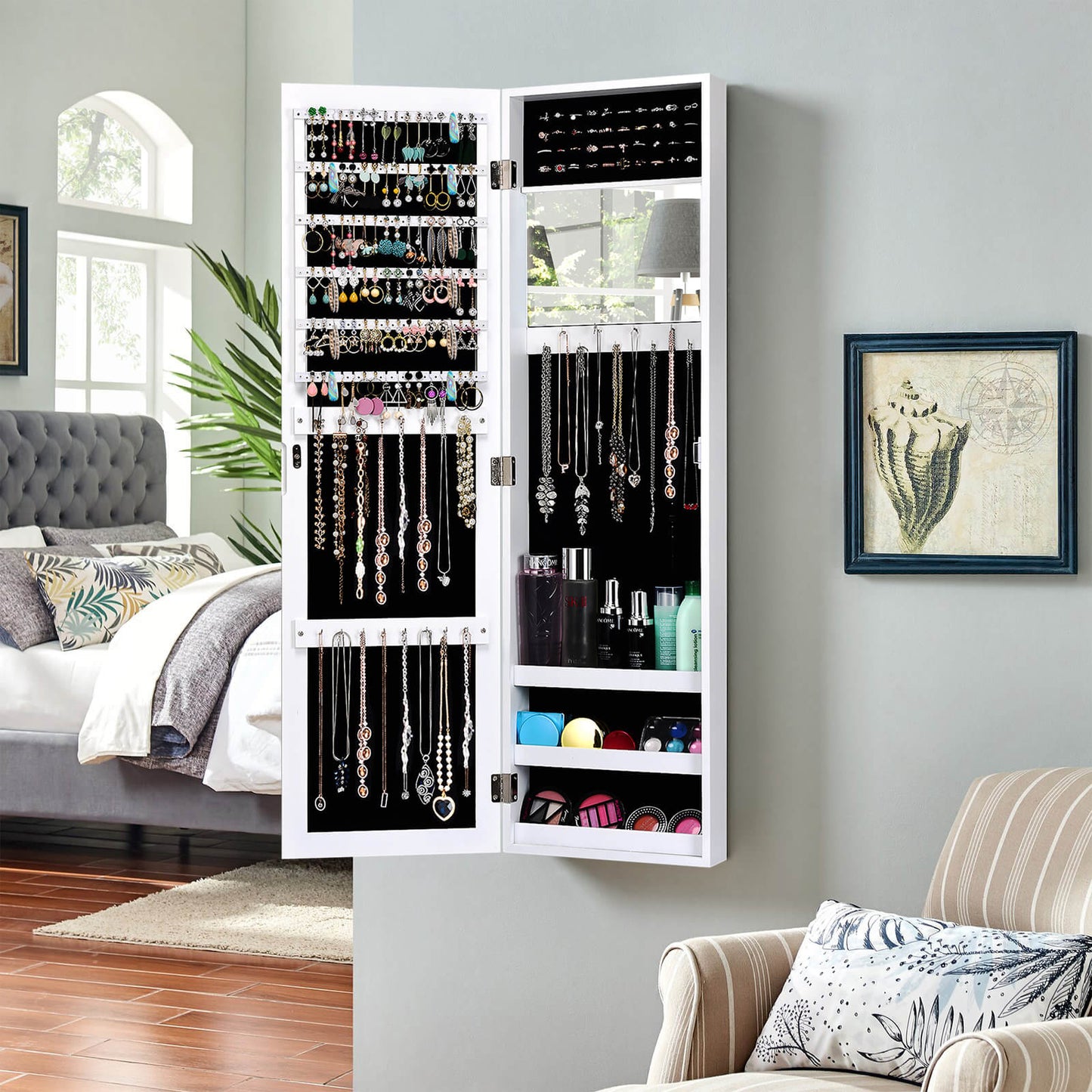 Wall Mounted Jewelry Armoire with Built-in Mirror and 3 Shelves -Black