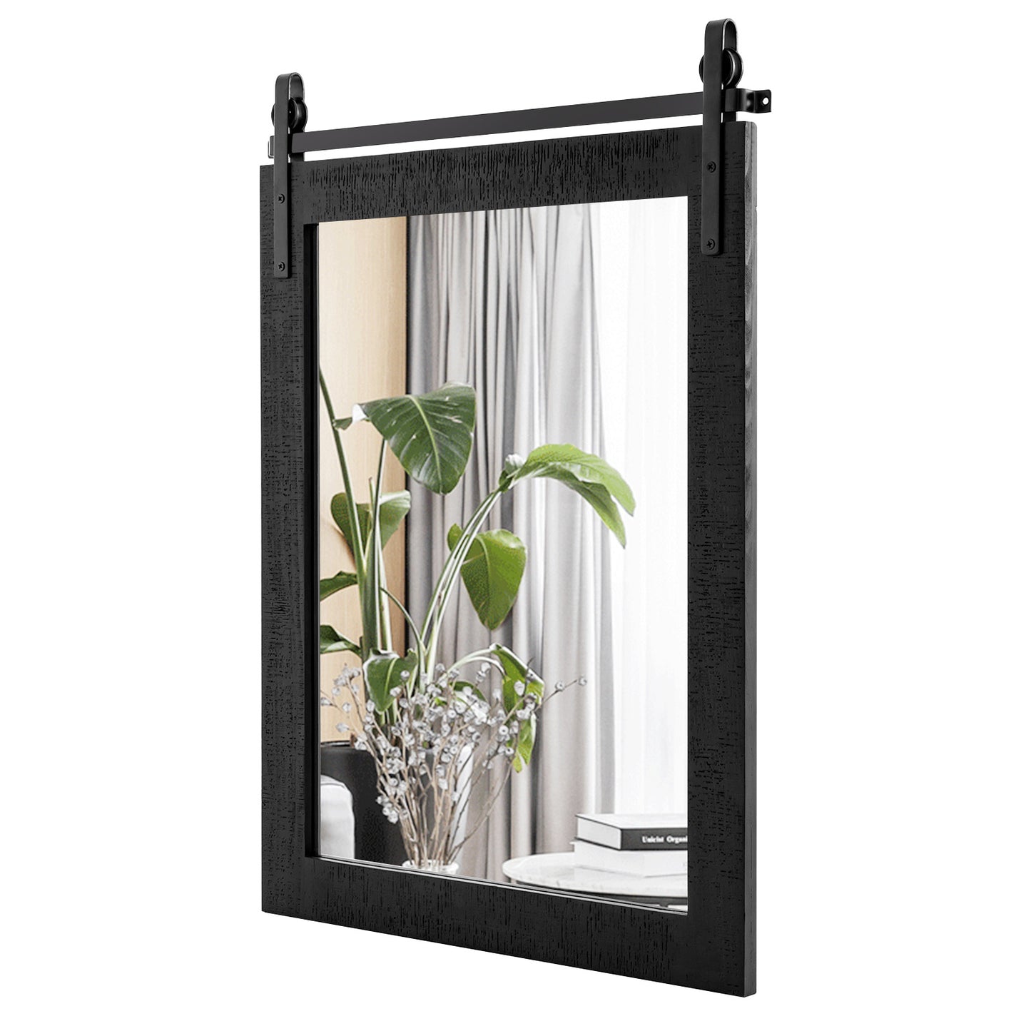 Wall Mounted Mirror with Solid Wood Frame and Metal Bracket-Brown