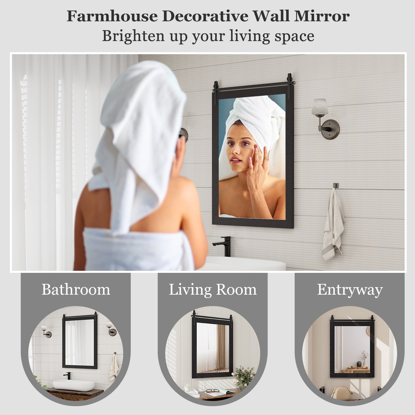 Wall Mounted Mirror with Solid Wood Frame and Metal Bracket-Brown