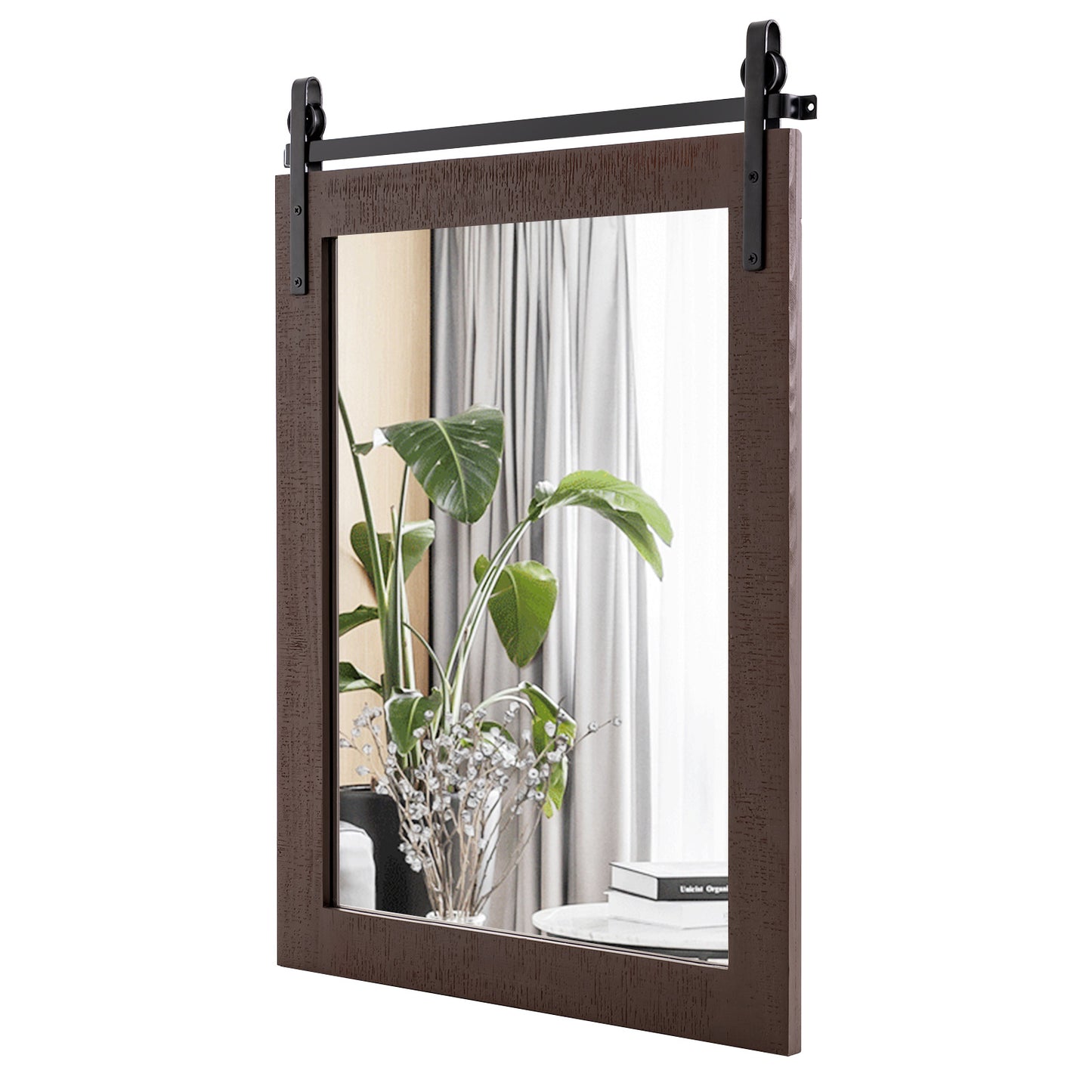 Wall Mounted Mirror with Solid Wood Frame and Metal Bracket-Brown