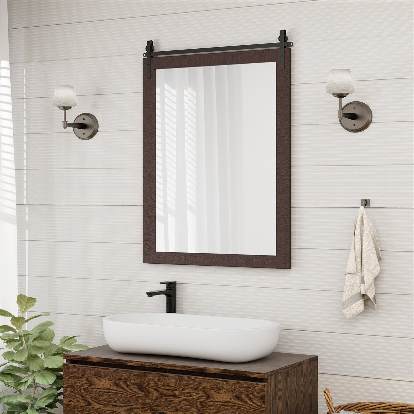 Wall Mounted Mirror with Solid Wood Frame and Metal Bracket-Brown