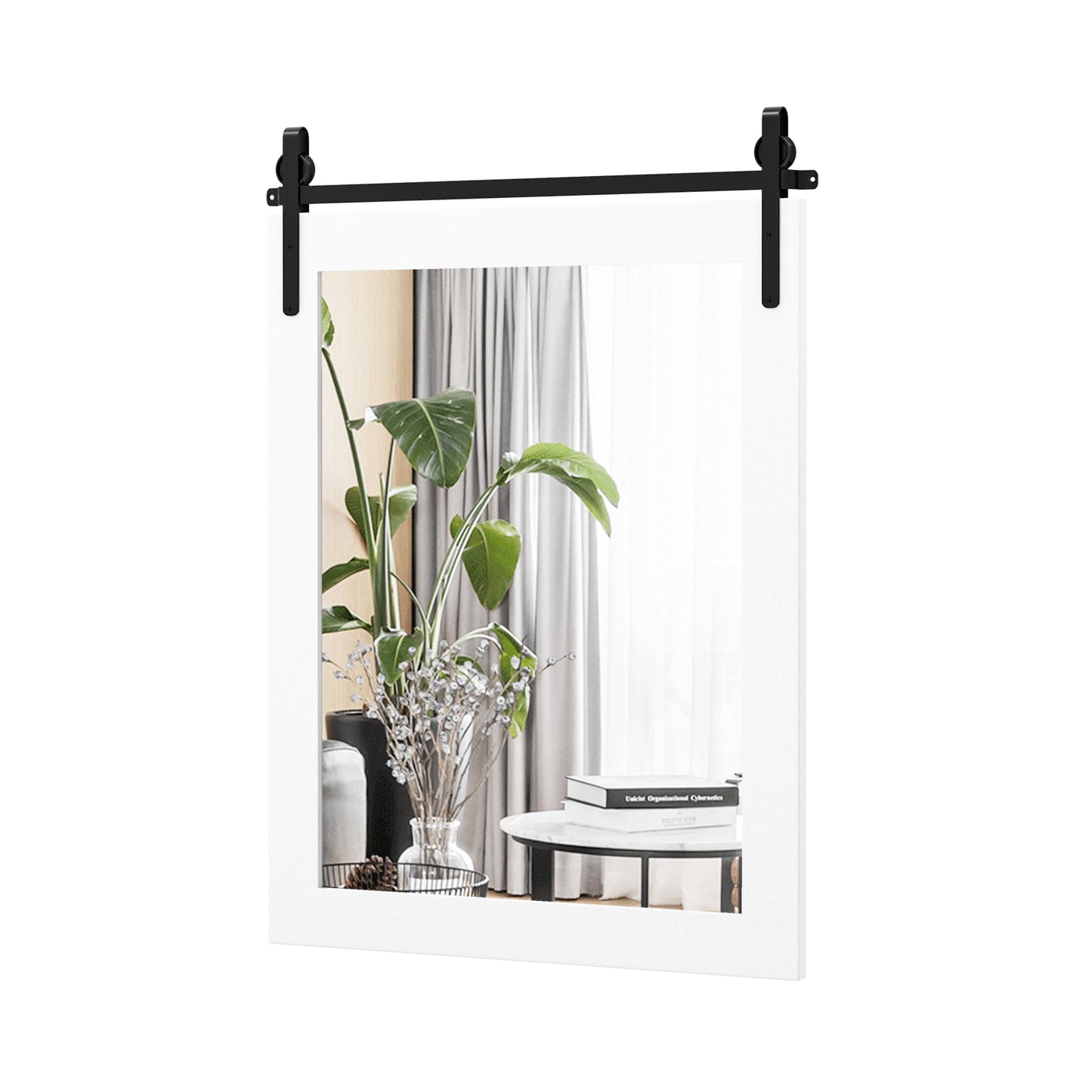 Wall Mounted Mirror with Solid Wood Frame and Metal Bracket-Brown