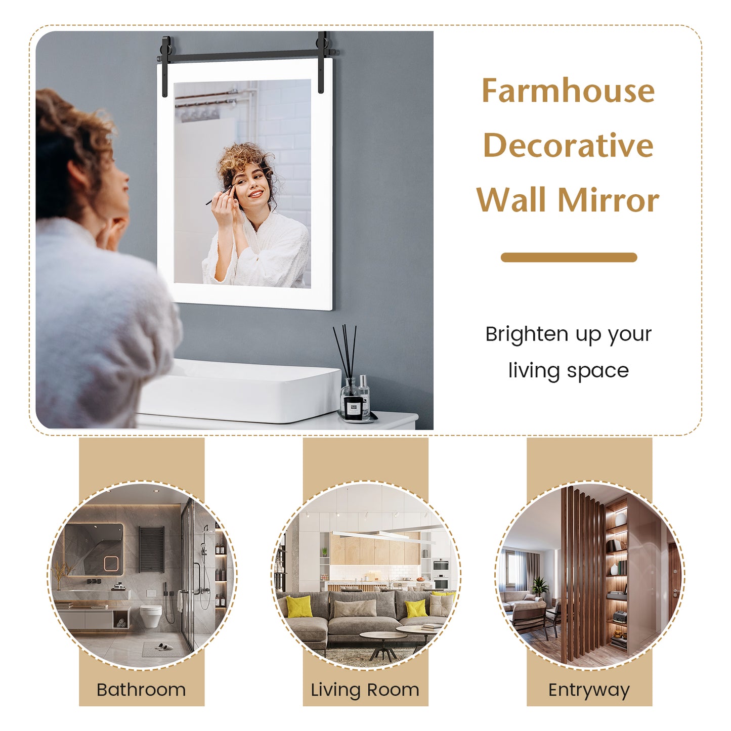 Wall Mounted Mirror with Solid Wood Frame and Metal Bracket-Brown