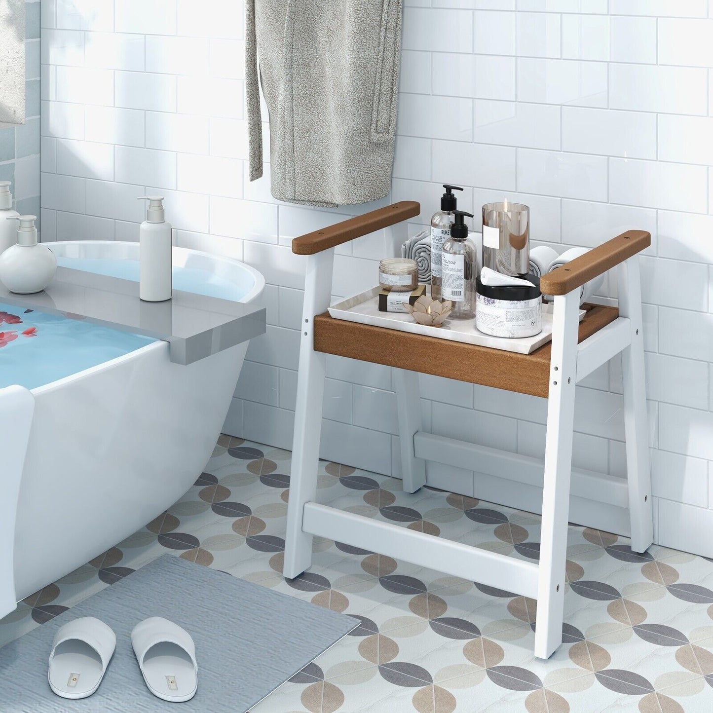 Waterproof HDPE Shower Bench with Armrests-Brown