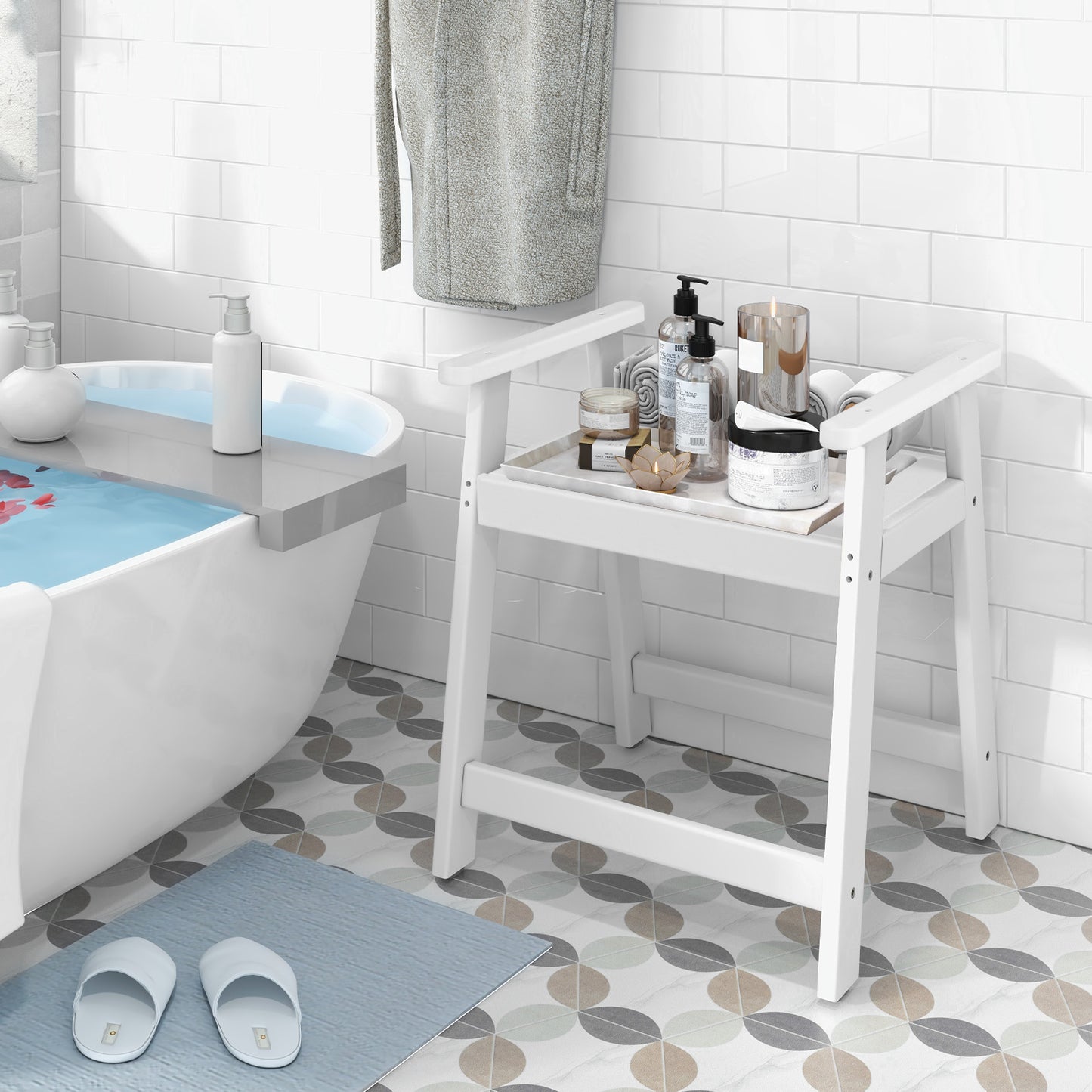 Waterproof HDPE Shower Bench with Armrests-Brown