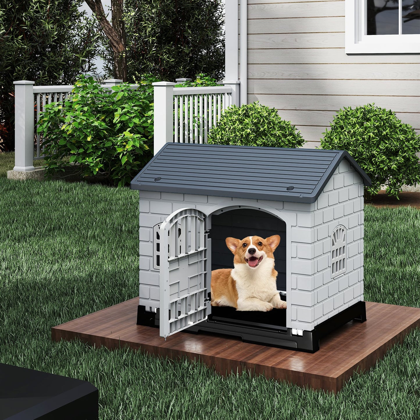 Weatherproof Pet Shelter with Removable Toilet Tray-Dark Green