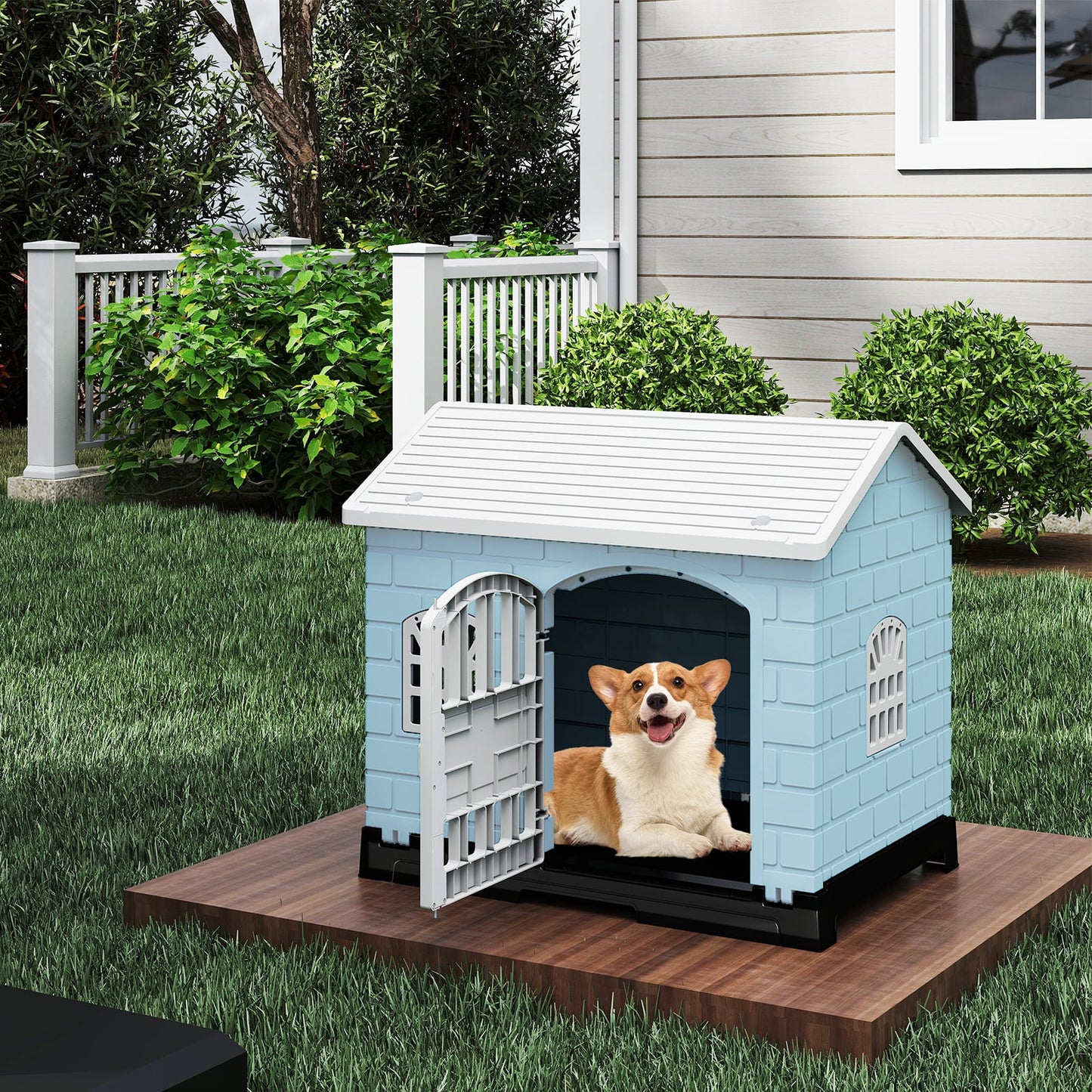 Weatherproof Pet Shelter with Removable Toilet Tray-Dark Green