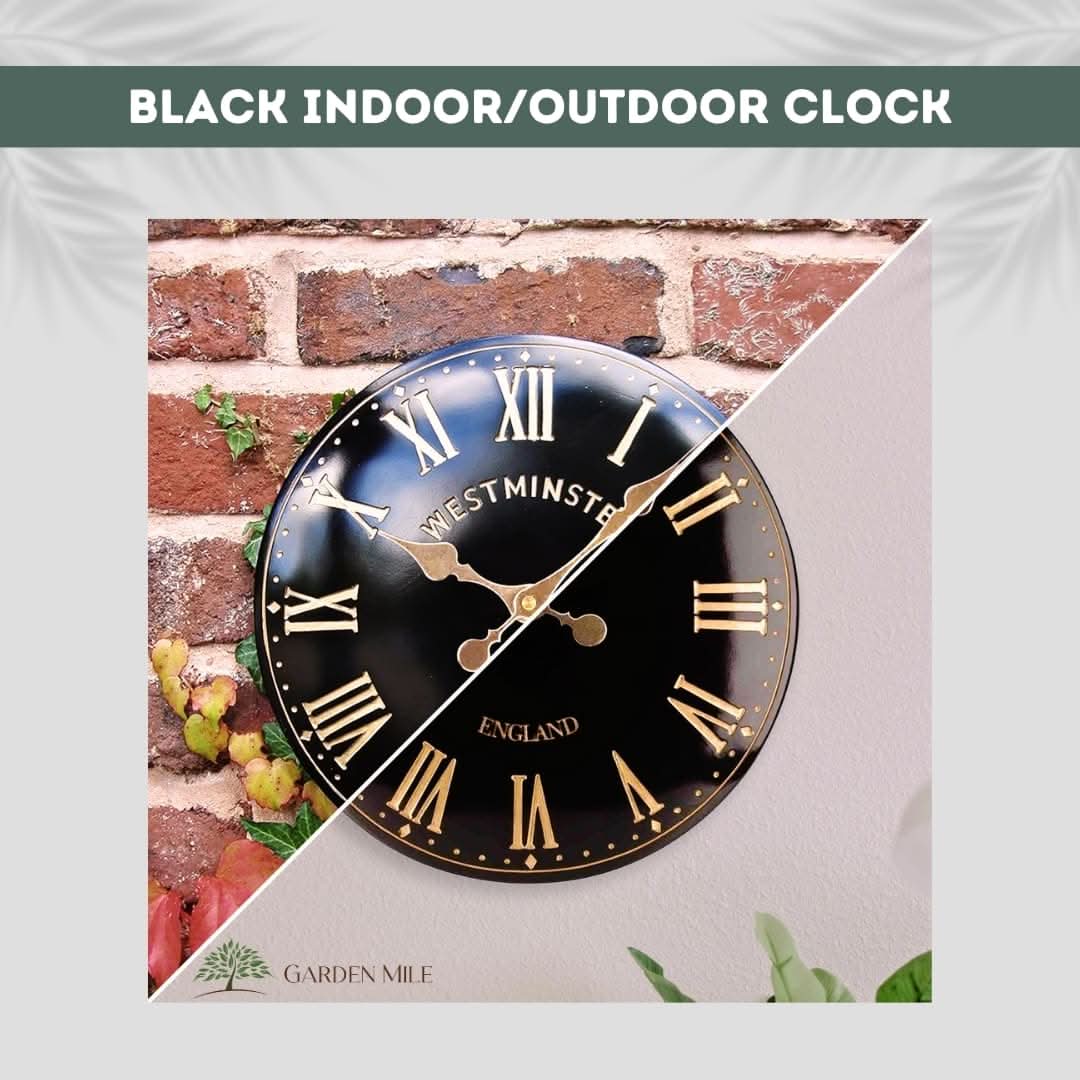 38cm Black Westminster Garden Wall Clock with Thermometer