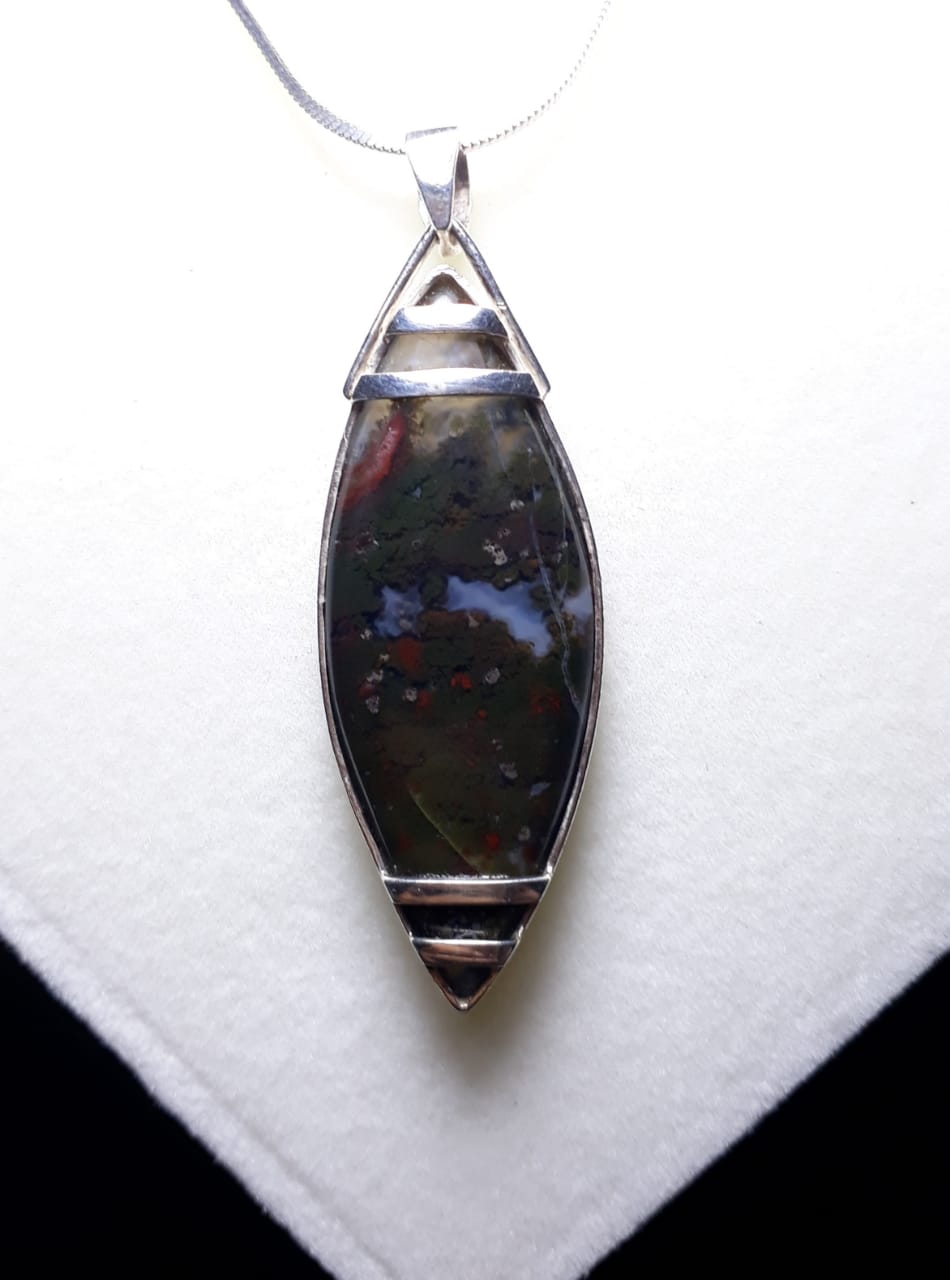 Green Indonesian Shajri Aqeeq (Moss Agate) Pendant with Italain Silver